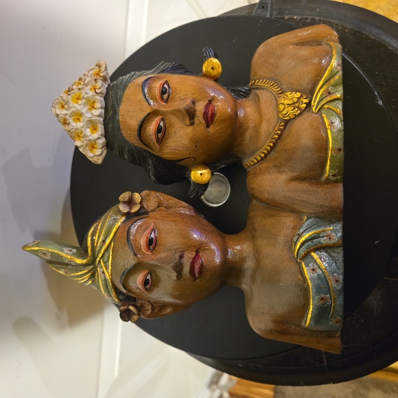 Balinese Hand Carved Wood Bride and Groom Figurine Statue Bust Vintage - Picture 9 of 11
